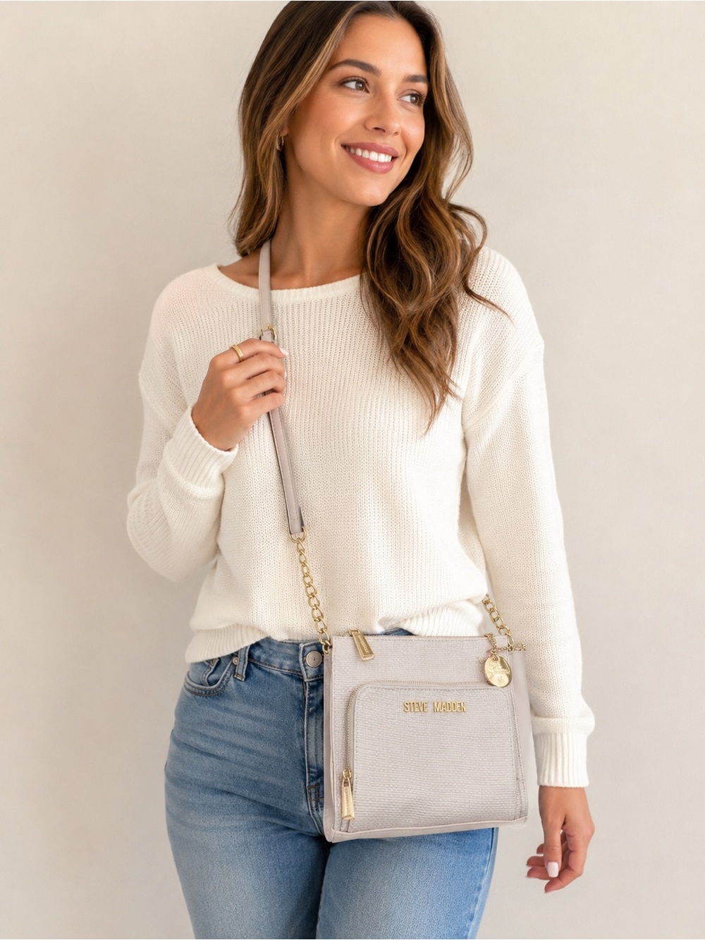 Steve Madden Woven Crossbody Bucket Bag | Blush Pink | Gold Chain | EUC